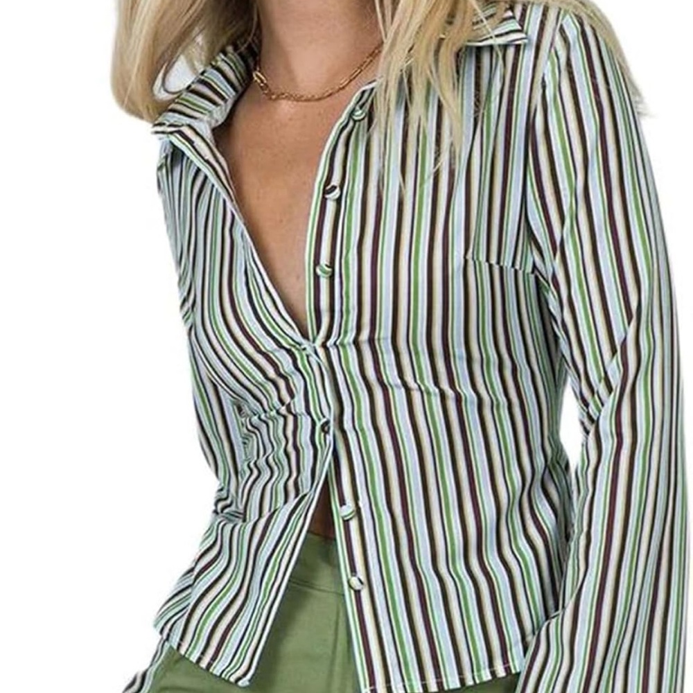 Women’s Slim Fitted Striped Button-Front Top in Green and White Y2K Pinstripe